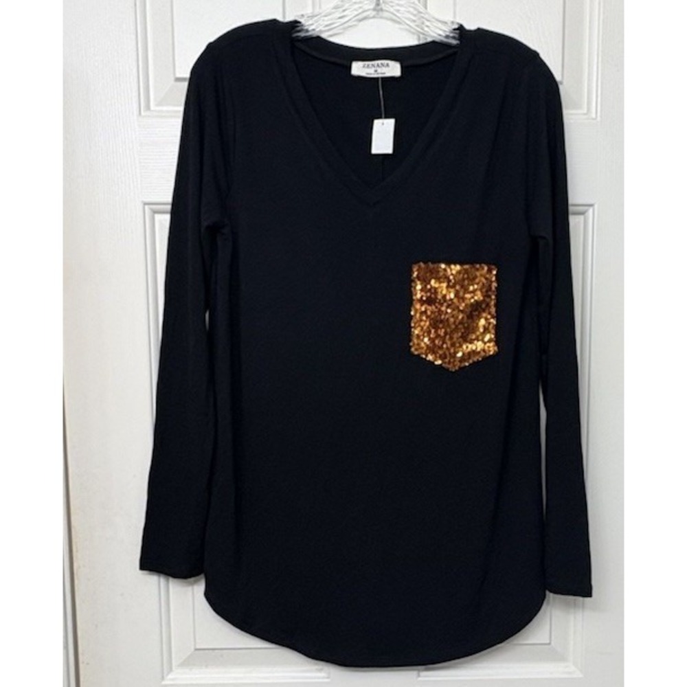 Zenana Size M Black Long Sleeve V-Neck Top Orange Gold Sequin Pocket Tunic soft